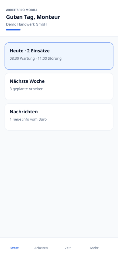 ArbeitsPRO Mobile Dashboard für Monteure