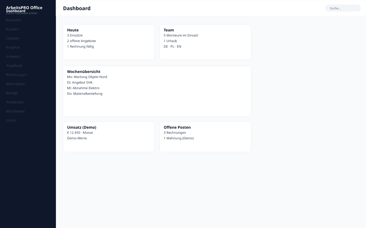 ArbeitsPRO Office Dashboard für Handwerksbetriebe